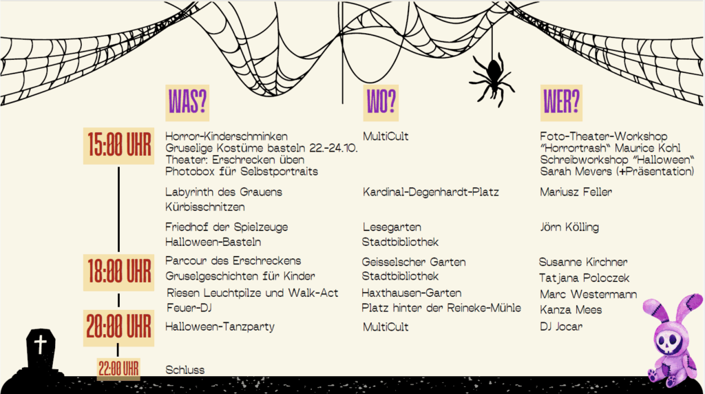 Programmflyer Paderween 2025: Kinderschminken, Grusel-Acts, Tanzparty. Mit Spinnweben und Halloween-Design.
