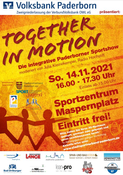 Plakat für die integrative Paderborner Sportshow „Together in Motion“, präsentiert von der Volksbank Paderborn