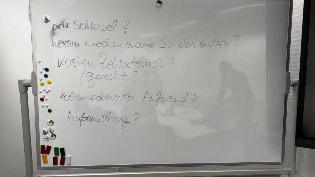 Whiteboard mit handschriftlichen Stichpunkten zu „priv. Schlüssel“, Software‑Unterschieden, Kosten, Verwaltungsaufwand und Auswirkungen